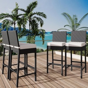 Patio Wicker Barstools With Cushions, Outdoor Wicker Bar Stools Set of 2/ 4, Outdoor Rattan Bar Height Stool Set Armless for Backyard, Poolside - 1 of 4