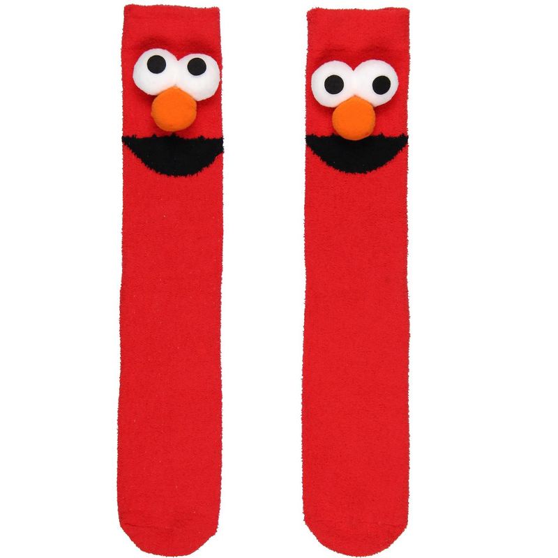 Sesame Street Socks 3D Eyes And Nose Elmo Adult Chenille Fuzzy Plush Crew Socks Red, 4 of 6