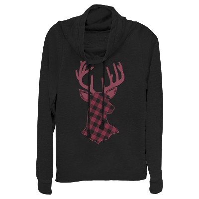 Juniors Womens CHIN UP Christmas Flannel Reindeer Print Cowl Neck Sweatshirt