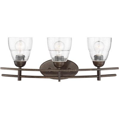 Possini Euro Design Modern Art Deco Wall Light Rustic Bronze Hardwired 23 1/2" Wide 3-Light Fixture Seedy Glass Bathroom Vanity