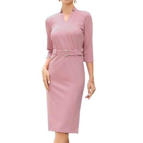 Женские платья INSPIRE CHIC Women's 3/4 Sleeve V Neck Elegant Belted Formal Work Midi Dress Small Pink