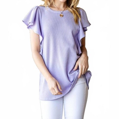 Women's Ruffled Sleeve Solid Ribbed Top - HEIMISH USA S