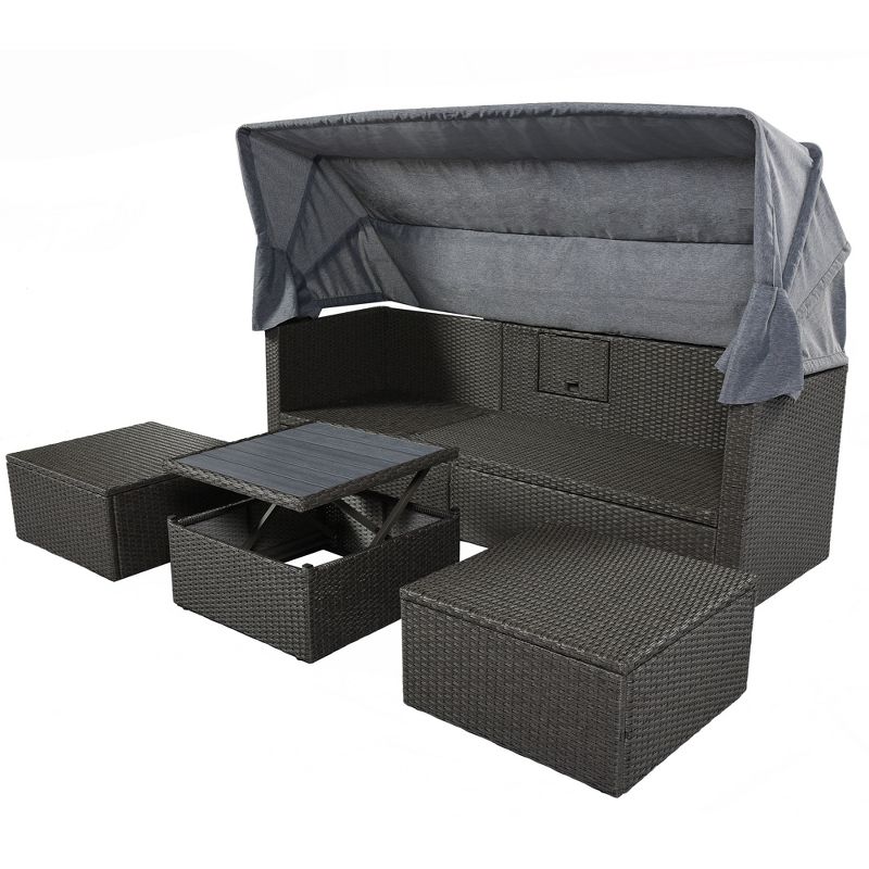 Outdoor Patio Rectangle Rattan Daybed with Retractable Canopy, Cushions and Lifting Table-ModernLuxe, 4 of 15