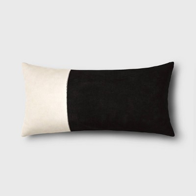 Oversized Colorblock Pieced Suede Lumbar Throw Pillow Black/Neutral - Threshold™: Indoor Decorative Accent, Removable Cover