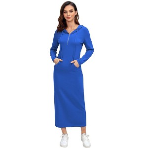 Coolmee Women Casual Maxi Dress Quarter-Zip Neck Long Sleeve Slim Split Pullover Hoodie Long Dress with Pocket - 1 of 4