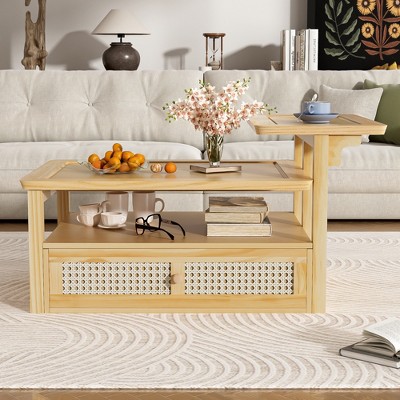 Vynxaria Modern Coffee Table, Coffee Table with 1 Storage Shelf, 2 Tabletops and 1 Rattan Drawer For Living Room