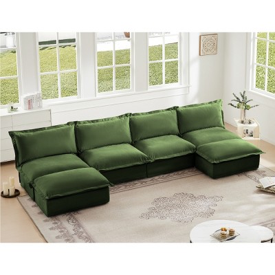 Modern Sectional Sofa, Slipcovered 4 Seater Armless Sofa with Reversible Ottoman, Sectional Sofas with Chenille Fabric-Cuddlewood