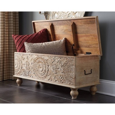 Fossil Ridge Beige Solid Wood Storage Bench with Hand Carved Medallion
