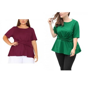 Women's Plus Size 2 Piece Twisted Knot Front Short Sleeves Crew Neck Solid Casual Peplum Blouses - Agnes Orinda - 1 of 4