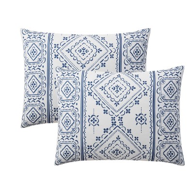 King Size White and Navy Blue Geometric Bohemian Comforter Set