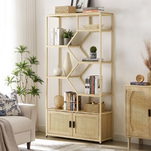 Runesay Natural Rattan bookshelf 7 tiers Bookcases Storage Rack with cabinet - 1 of 4