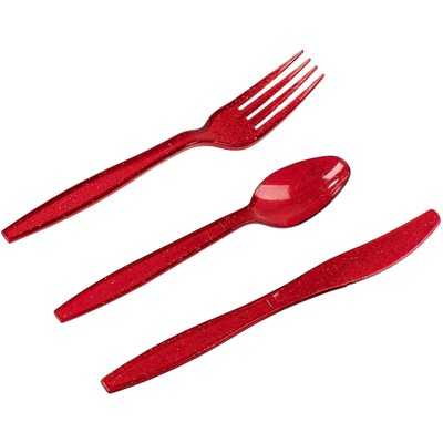 Juvale 96 Piece Red Glitter Disposable Plastic Silverware Cutlery Set for Christmas Xmas Party Supplies & Decorations - Forks Knives Spoons Flatware