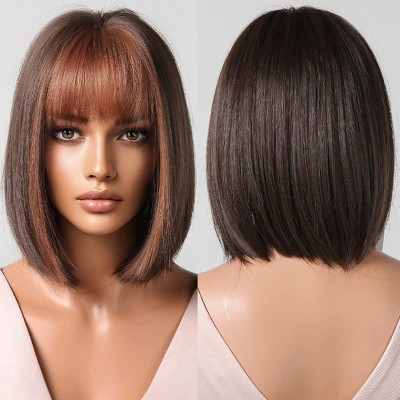 Jessie's Wig 10 Inch Short Bob Wig With Bangs Synthetic Hair Brown Highlight 1 Pc/Pack