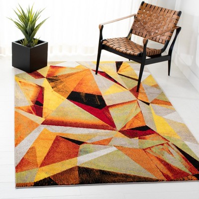 Red and Orange Geometric Floral Synthetic Area Rug