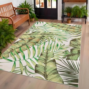 Modern Colorful Leaf Printed Runner Rug, Low Pile Stain-Resistant Carpet with Non-Slip Backing, Floor Cover for Kitchen, Hallway, Entryway - 1 of 4
