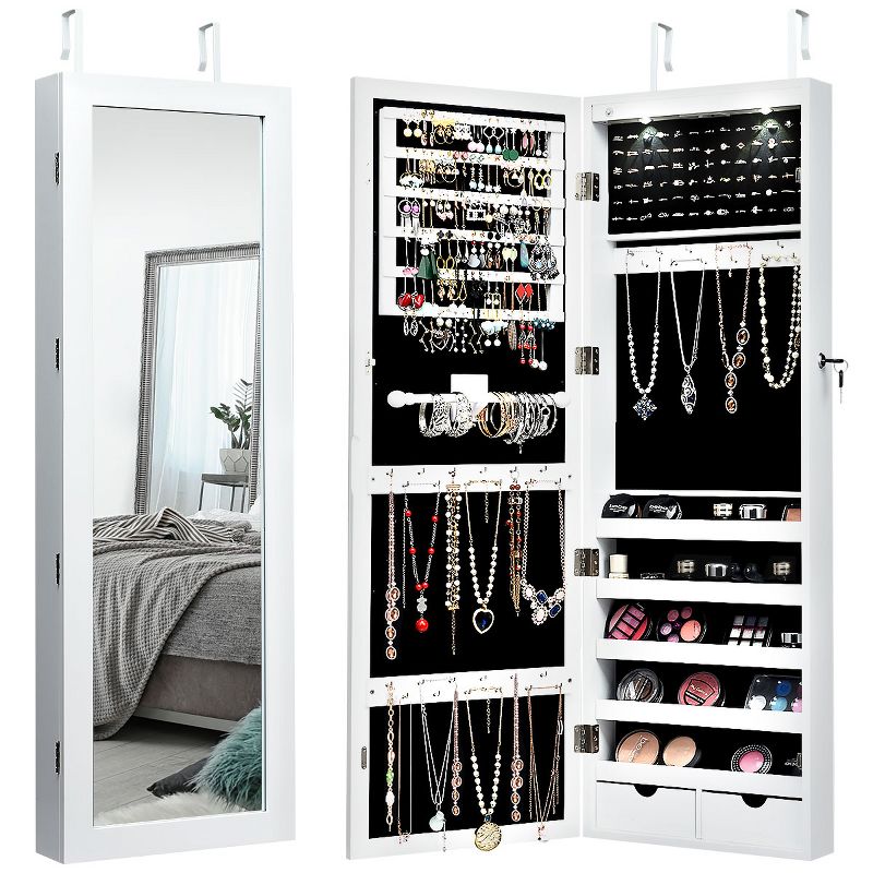 Costway Wall Mount Mirrored Jewelry Cabinet Organizer w/LED Lights, 1 of 11