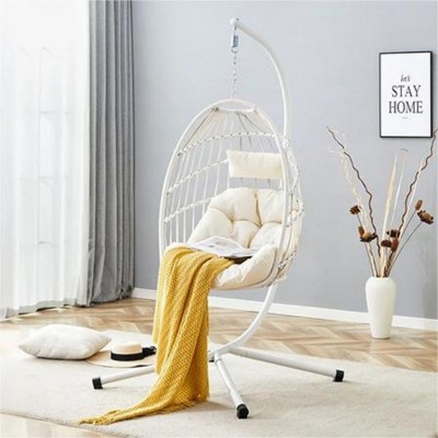 White Heavy-Duty Hanging Egg Chair with Stand,Wicker Swing for Indoor/Outdoor Use,Cushioned Single Person Hammock Seat–The Pop Home