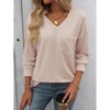 Women's V - Neck Ribbed Top with Pocket, Loose Long - Sleeve Casual Shirt - 2 of 4