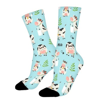 Farm Cows And Milk Bottle Women Printed Crew Socks Funny Funky Socks Soft Polyester Novelty Gifts for Artists Men