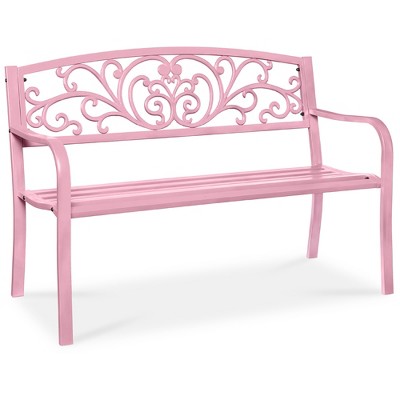 Best Choice Products Outdoor Steel Bench Garden Patio Porch Furniture w/ Floral Design Backrest - Pink