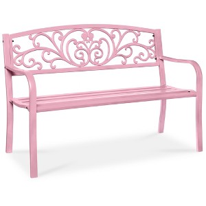 Best Choice Products Outdoor Steel Bench Garden Patio Porch Furniture w/ Floral Design Backrest - 1 of 4