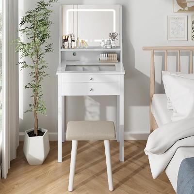 ELECWISH 24" White Vanity Desk Set with LED Mirror & Stool - Adjustable Lighting, 2 Drawers, USB Charging Station, Clear Desktop