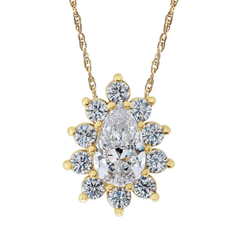 Pompeii3 1/2Ct Pear Shape Halo Lab Created Diamond Pendant Necklace in White or Yellow Gold, 1 of 3
