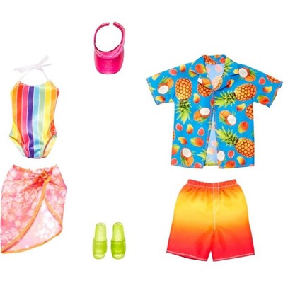 Barbie Fashions Doll Clothes and Accessories Set, Beach 2-Pack for Barbie and Ken Dolls with 2 Complete Swim Outfits