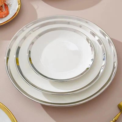 AOSTIRMOTOR Round White Ceramic Deep Dinner Plate Matte Black Porcelain Plate Dish