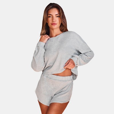 Women's Grey Jersey Long Sleeve Top & Shorts Pajama Set - Cupshe