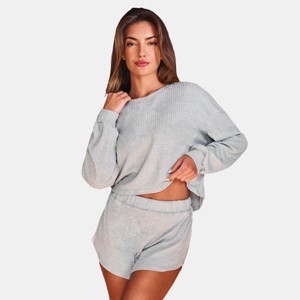 Women's Grey Jersey Long Sleeve Top & Shorts Pajama Set - Cupshe - 1 of 4