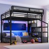 Queen Loft Bed with Storage Stairs Shelves and Built-in Wardrobe Metal Loft Bed Frame Noise-reduced Design Black - 2 of 4