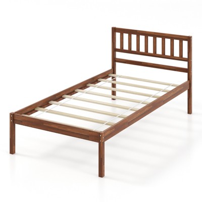Infans Twin Platform Bed with Headboard Solid Wood Leg Mattress Foundation Walnut