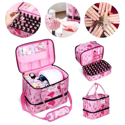 Saviland Salon-Grade Polish Case: Double-Deck Storage for 40 Bottles & Lamp - Mobile Nail Tech System (Holographic)​.