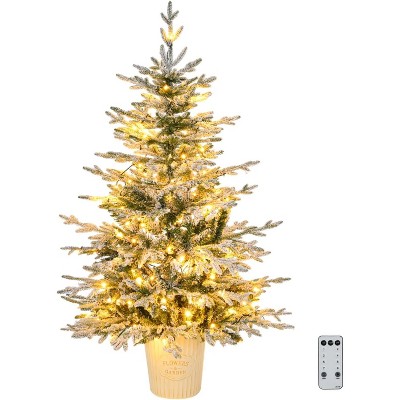 VINGLI 6ft Pre-lit Potted Flocked Christmas Tree w/ 250 Incandescent Warm White Lights, 709 Branch Tips