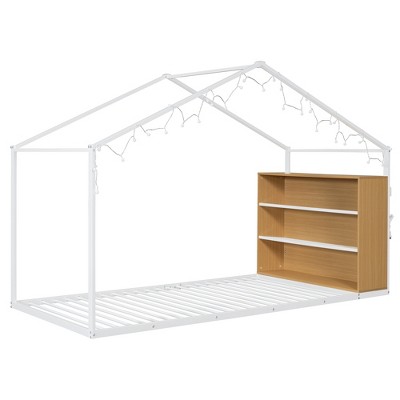 TiramisuBest Twin Size Metal Bed House Bed Frame with Shelves and Lights - White Metal Design