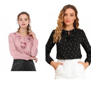 Allegra K Women's 2 Packs 1950s Vintage Ruffle Neck Long Sleeve Dots Chiffon Blouse X-Large Peacock Blue-Dots - 1 of 4