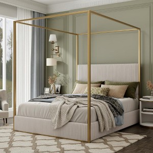 Polibi Modern Luxury Metal Canopy Bed with Corduroy Upholstered Tall Headboard - 1 of 4