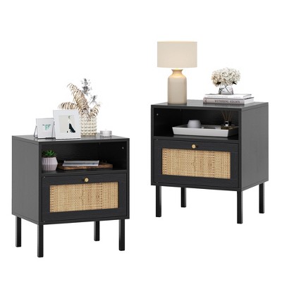 Angel Sar Rattan Nightstand Set 2, Bedside Table with Open Shelf and Door, Boho End Table
