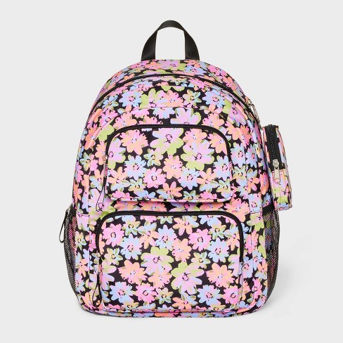 Kids 16 Two Pocket Neon Flowers Backpack with Clip On Case art class