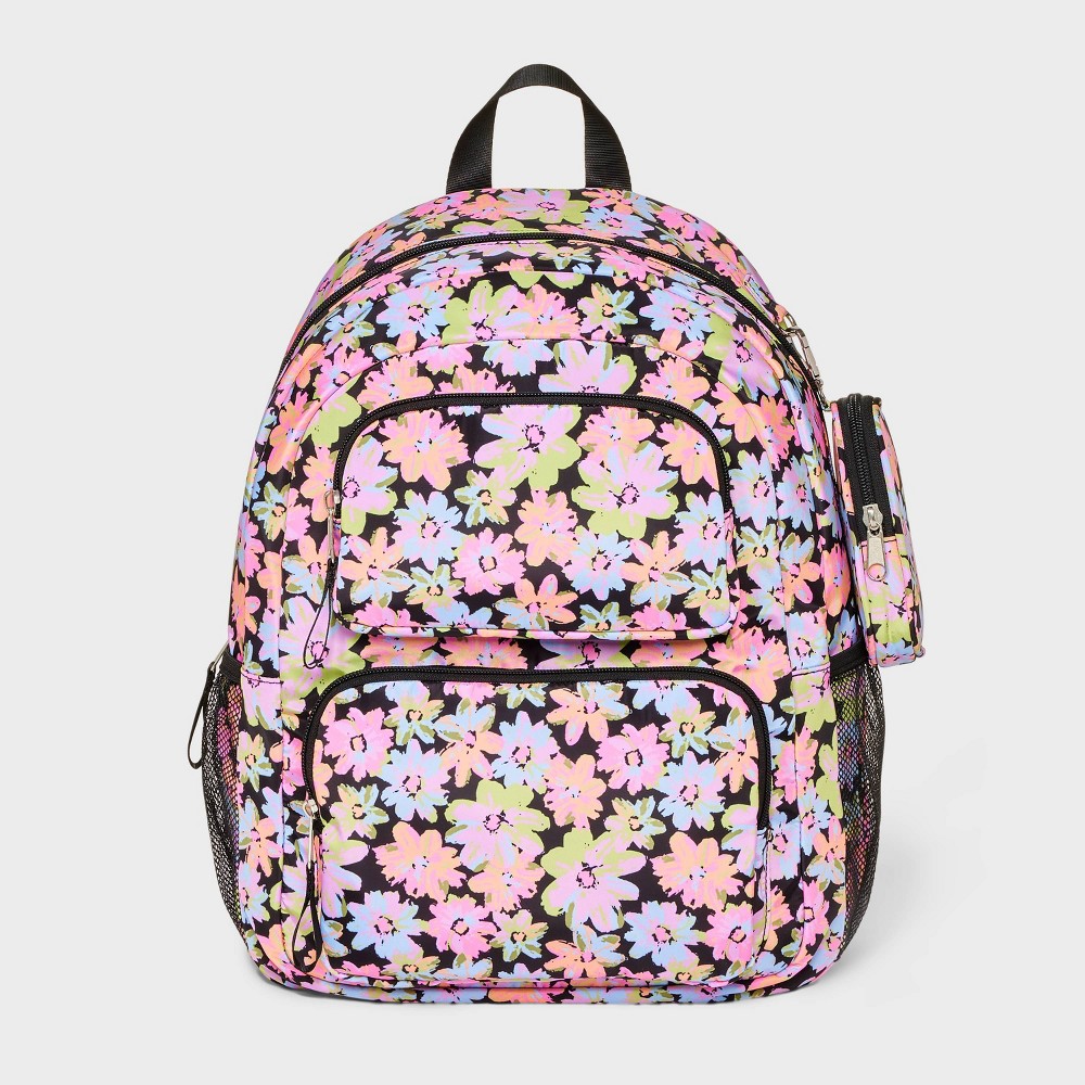 Photos - Backpack Kids' 16" Two Pocket Neon Flowers  with Clip-On Case - art class™"