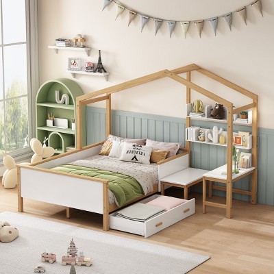 Full Size House Bed Platform Bed Kids Bed with Drawer, Desk and Bookshelf, Natural Wood Color+White-ModernLuxe