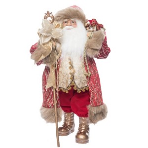 Season's Designs 18" Red and Gold Elegant Standing Santa Figurine with Ribbon Staff Christmas Decor for Indoor Use, Perfect for Mantel and Tabletop - 1 of 4