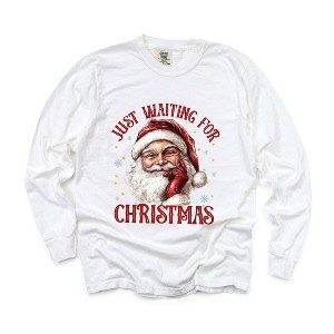 Simply Sage Market Women's Just Waiting For Christmas Santa Long Sleeve Garment Dyed Tee - 1 of 4