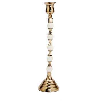Classic Touch Gold Candle Holder White and Gold Beaded Stem Large 12"