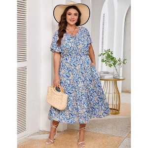 Plus Size Summer Dress for Women V Neck Tie Front Boho Maxi Dress Yellow Floral - 1 of 4