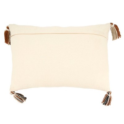 Geometric Bliss Beige and Brown Cotton Polyester Tasseled Throw Pillow
