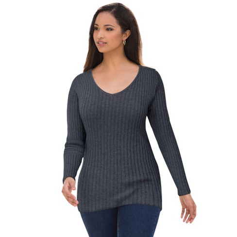 Jessica London Women's Plus Size V-neck Ribbed Sweater, S - Heather ...