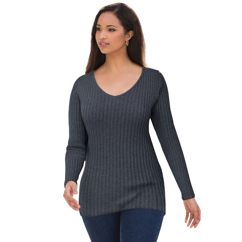 Jessica London Women's Plus Size V-Neck Ribbed Sweater, 1 of 2