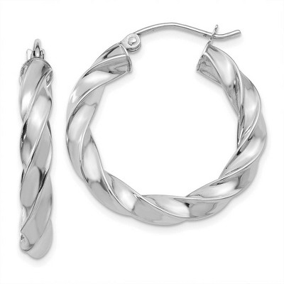 Black Bow Jewelry 4mm x 26mm Polished 14k White Gold Hollow Twisted Round Hoop Earrings